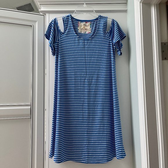 Cupio Cold Shoulder Short Sleeve Striped Knit A-Line Trapeze Dress, Size Small - Picture 1 of 9